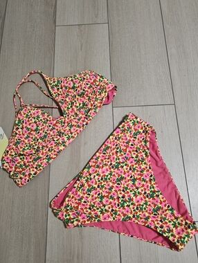 Maaji Yellow Floral Print Bikini with Hot Pink Lining High Rise Size Large